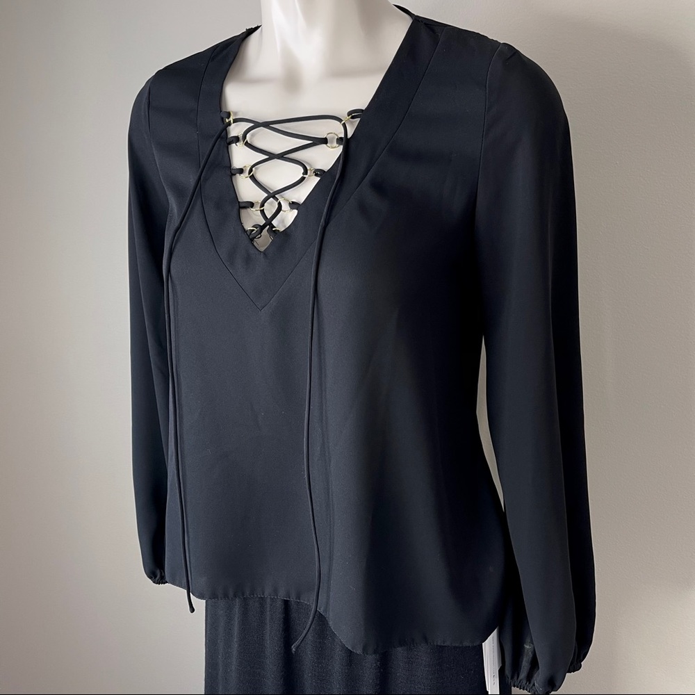 ESSENTIAL blouse ATMOSPHERE top solid black TIE UP FRONT 2  dressy top - Picture 3 of 11